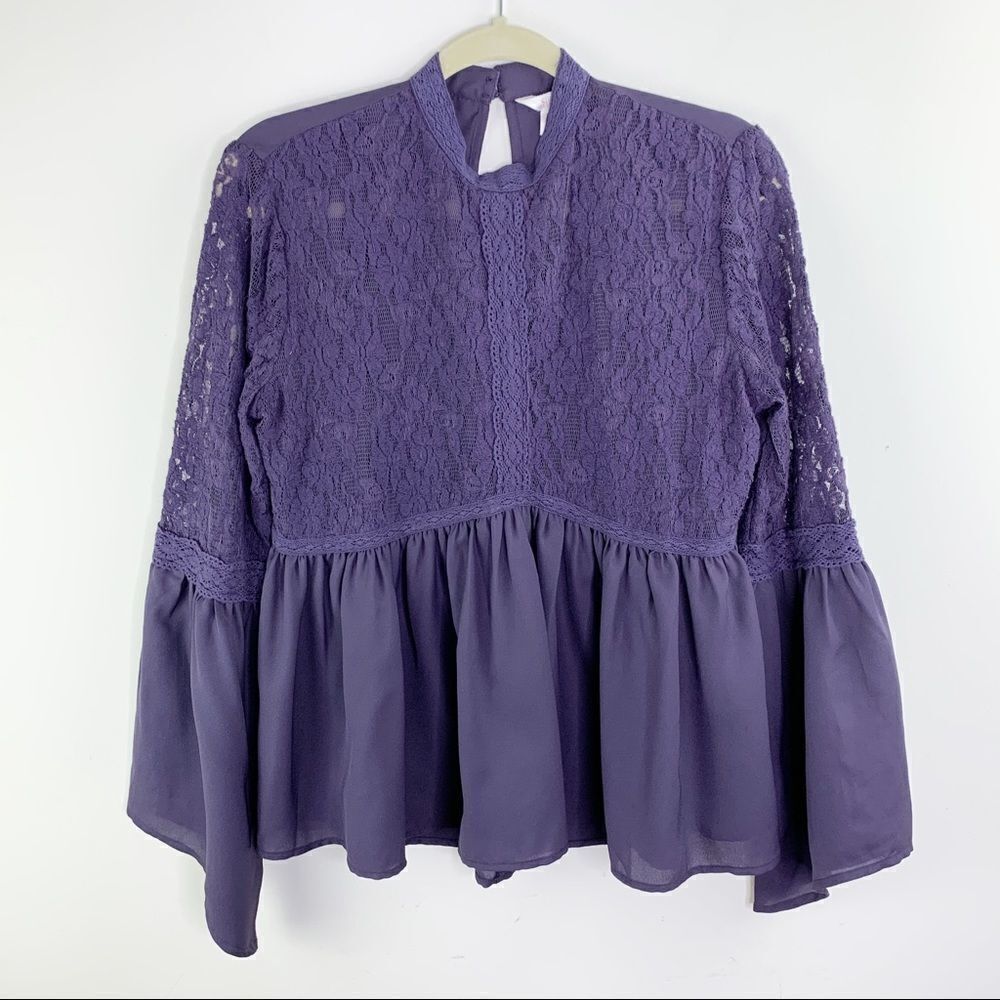 Sun & Shadow Purple Lace Inset‎ Peplum Top Bell Sleeves M
